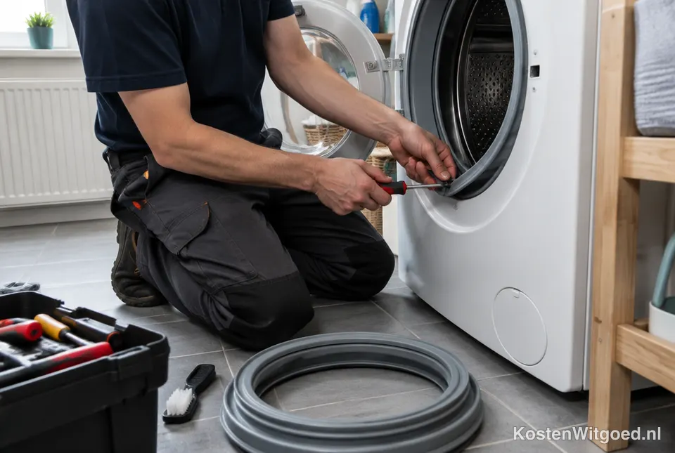 Monteur repareert een wasmachine in een bijkeuken